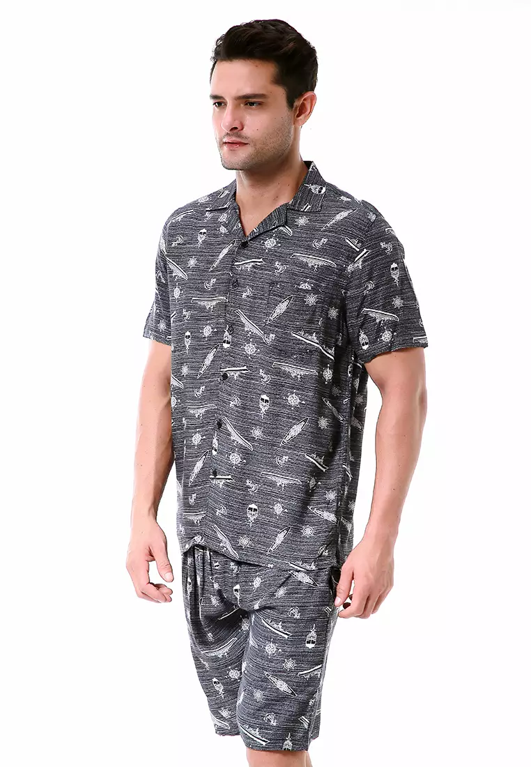 Deon Piyama Pria Ship Motive Kemeja One Set Lengan Pendek Material Rayon ORIGINAL - Gray