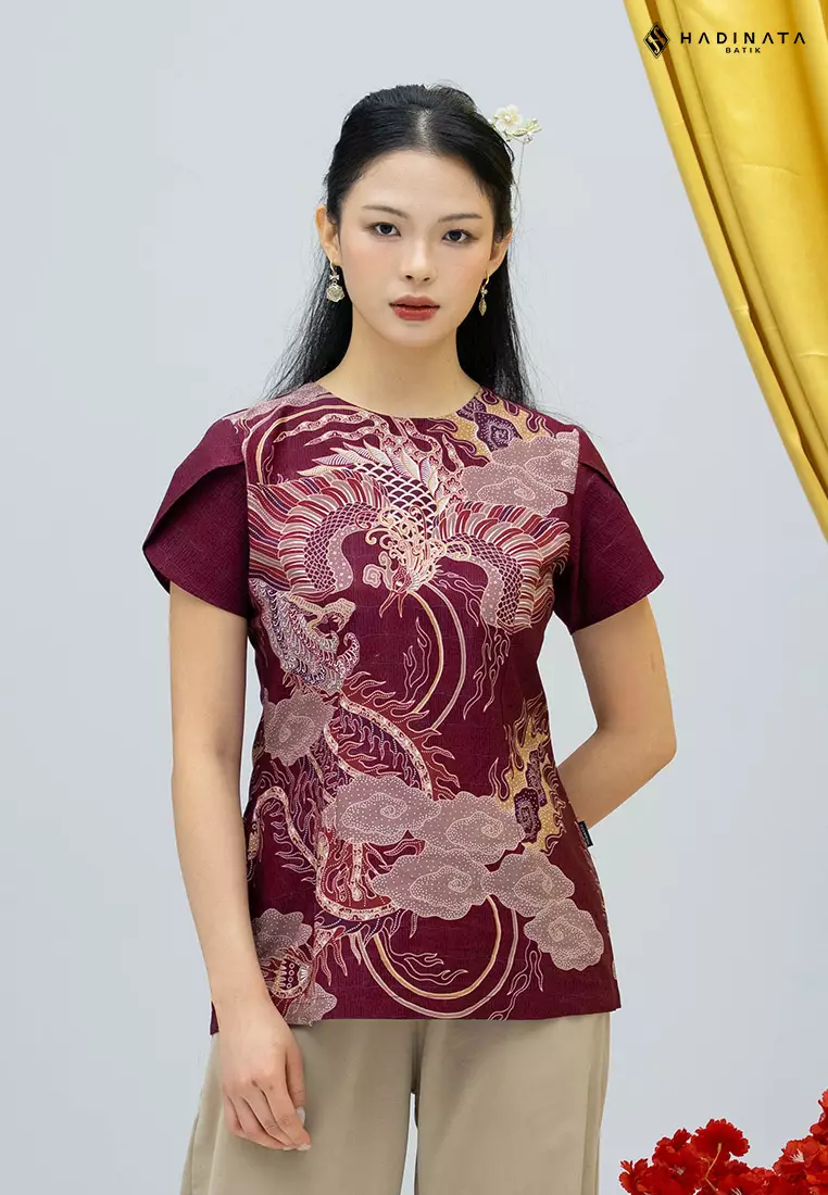 Hadinata Batik Premium Blouse Batik Wanita Lengan Pendek Superfine Bhawana Maroon