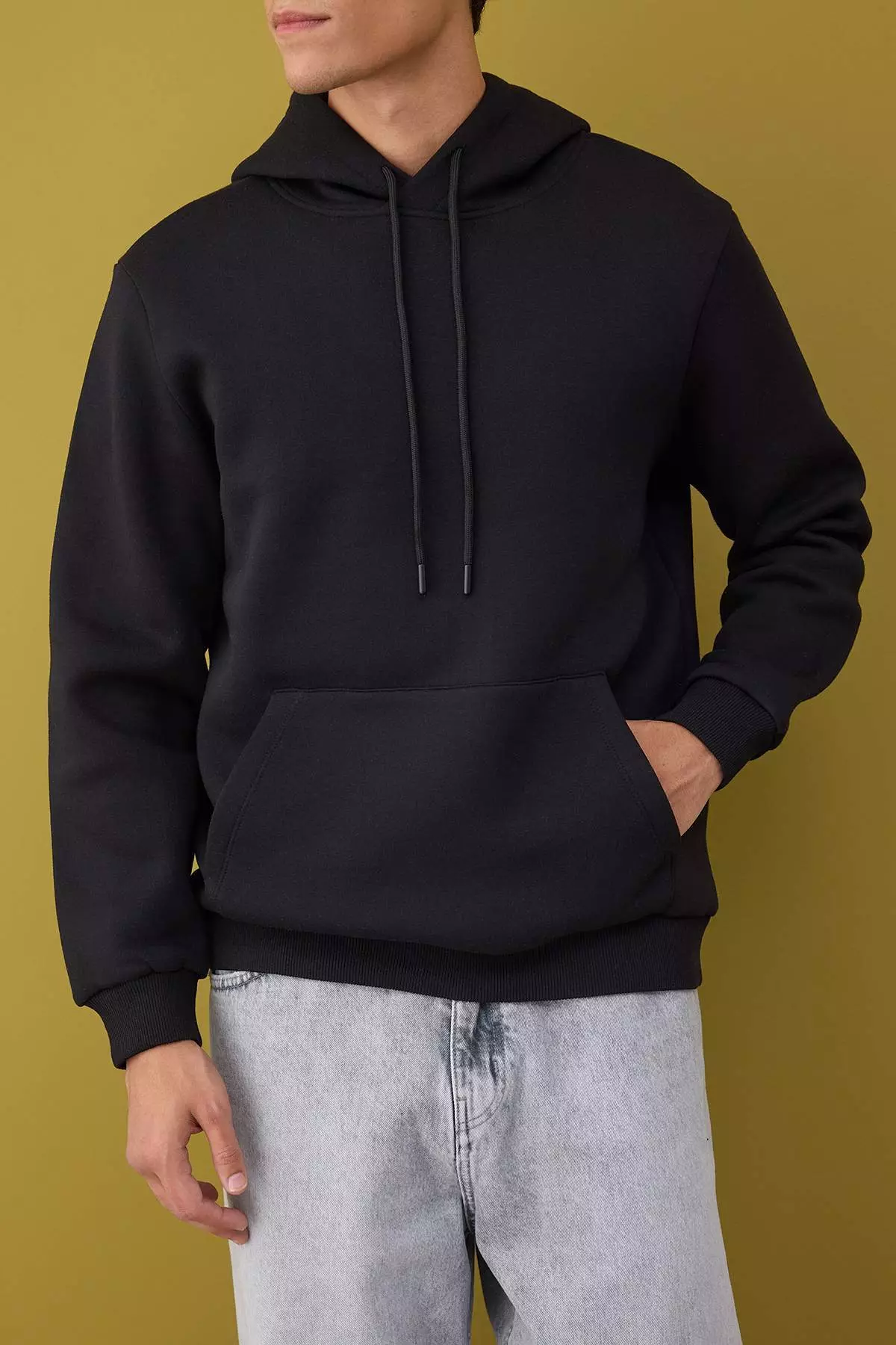 Black Regular Cut Hooded Thick Sweatshirt With Polar Fleece Inside