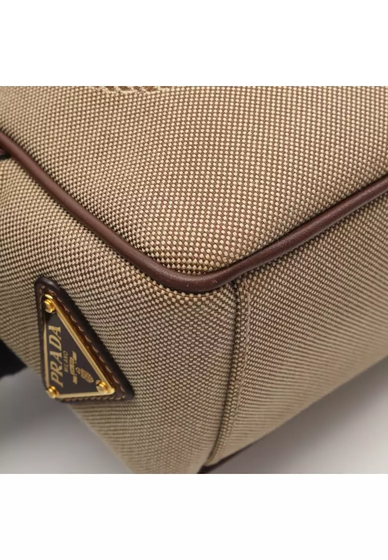 Pre-Loved Prada LOGO JACQUARD logo jacquard Shoulder bag canvas leather beige Dark brown