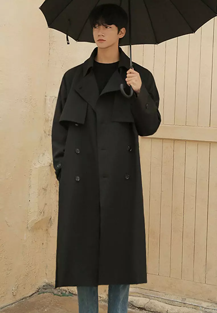 Fashion men's double breasted mid length trench coat CA091922BK