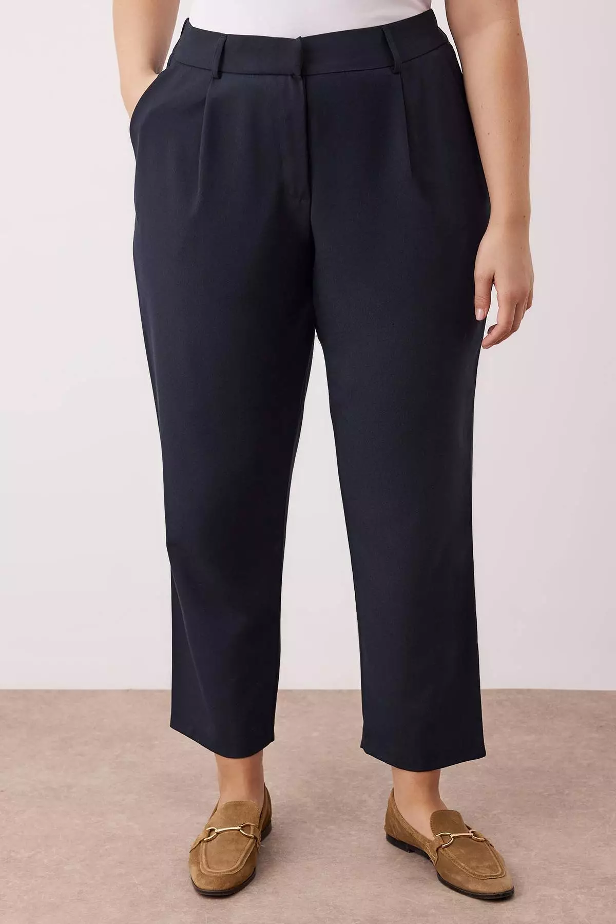 Navy Blue Elastic Waist Woven Premium Fabric Plus Size Trousers