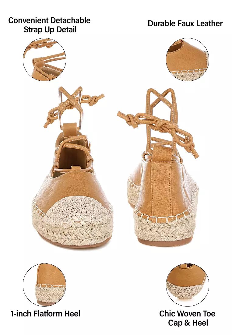 棕褐色編織鞋頭繫帶帆布鞋