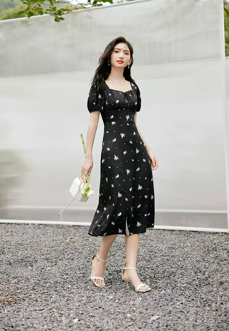 Puff Sleeve Square Neck A-Line Floral Midi Dress