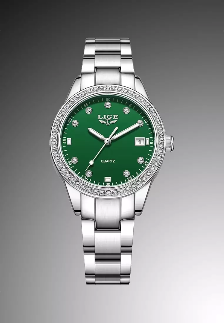 Ladies Light Weight Alloy Quartz Watch with Date, 34mm , Paved with Crystals, Turquoise Color Dial, Stainless Steel Bracelet