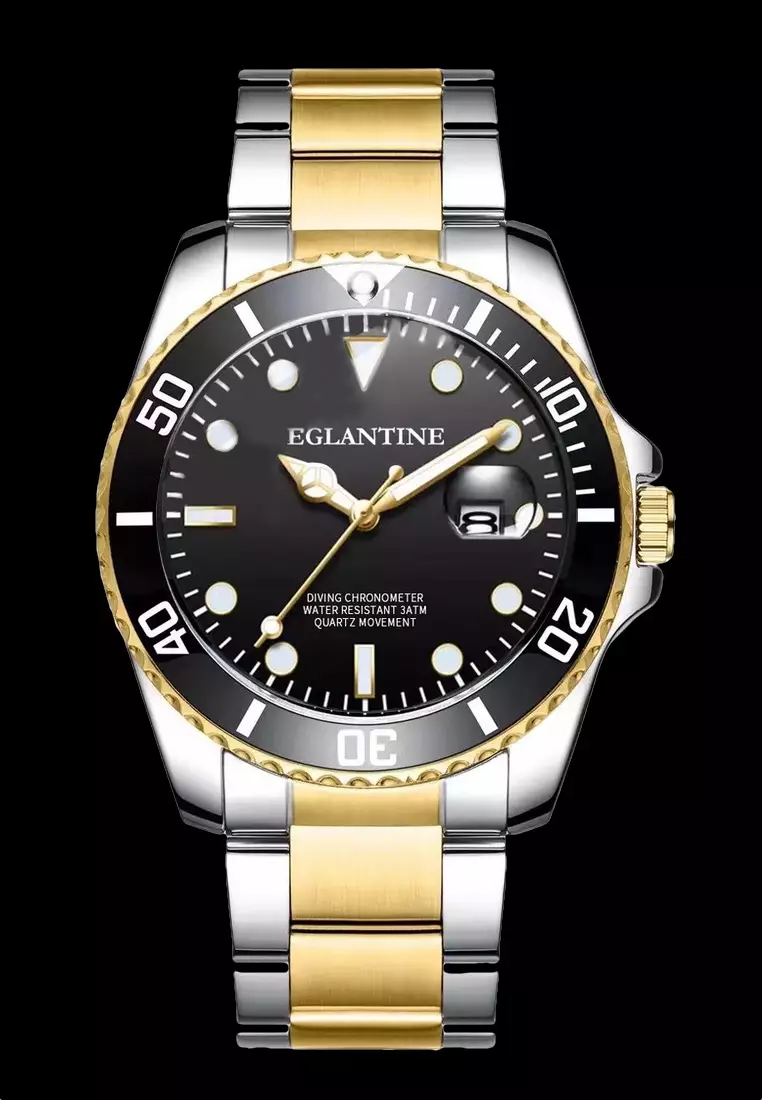 Diver's Watch, Steel Case and Bicolor Bracelet, Black Dial and Bezel, Quartz Movement