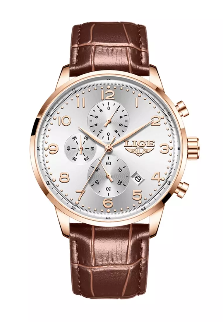Chronograph Unisex Rose Gold Colored Quartz Watch 43mm, Silver Dial, Brown Leather Strap