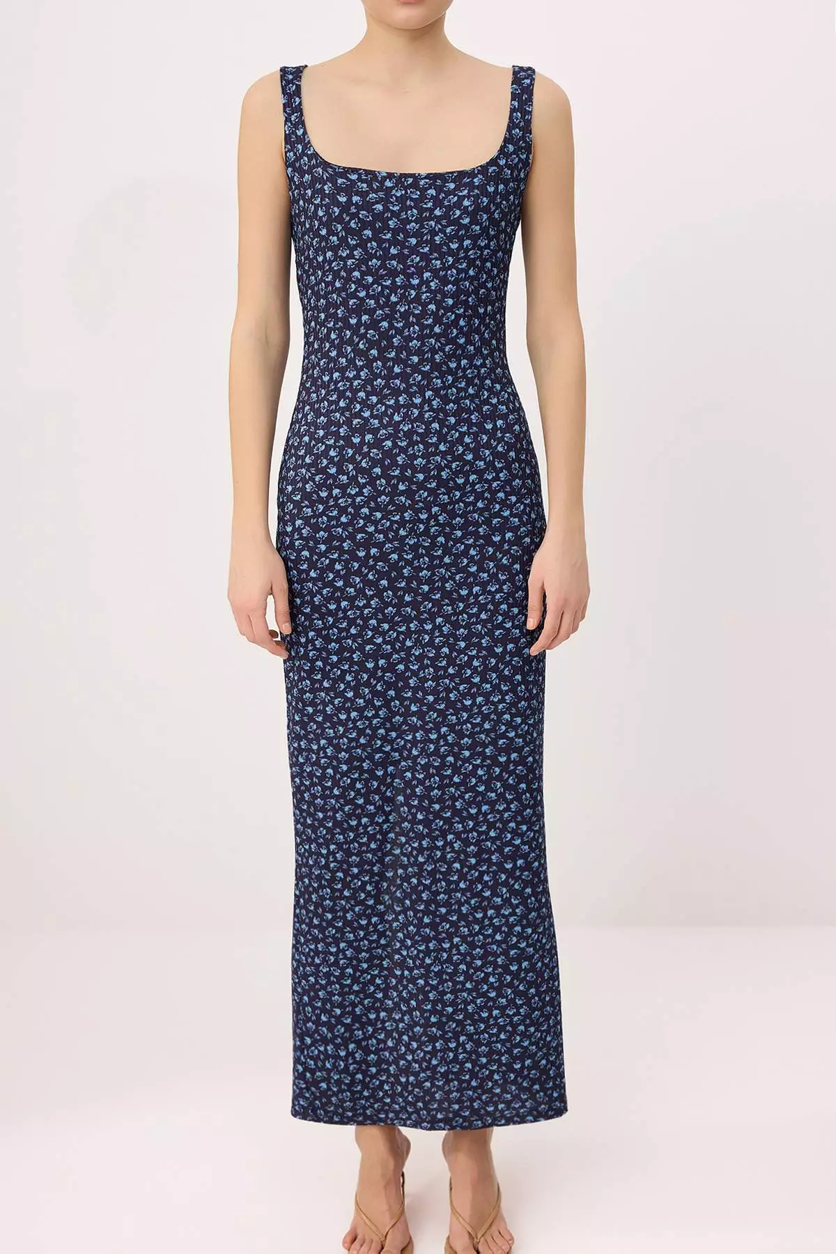 Navy Blue Floral Bodycon Thick Strap Pool Neck Sleeveless Stretchy Knitted Dress Twoss26El472