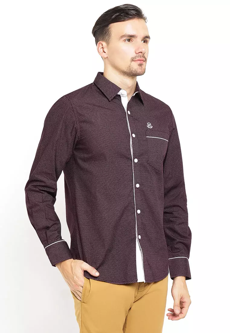 Johnwin - Slim Fit - Kemeja Casual Active - Printing - Maroon