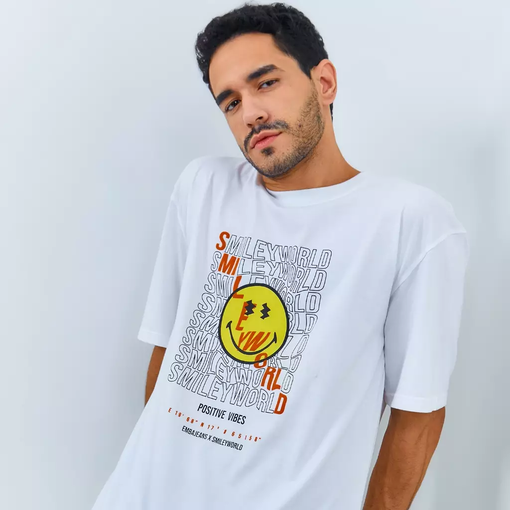EMBA DENIM I SMILEYWORLD - Kaos Smiley Oversize Pria Material Single Jersey Warna Putih - Hank