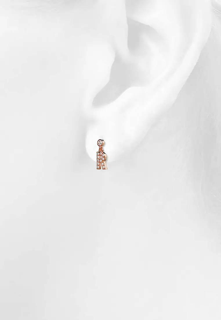 Solid 925 Sterling Silver Initial Crystal Personalised Alphabet Letter Earrings Rose Gold - R