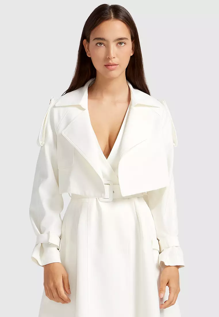 White satin trench coat on sale