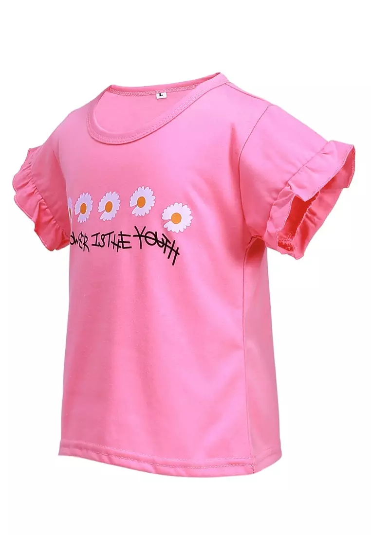 Chevelle Kaos Anak Perempuan Lengan Terompet Ruffle Tee Motif Bunga Material Cotton ORIGINAL - Pink