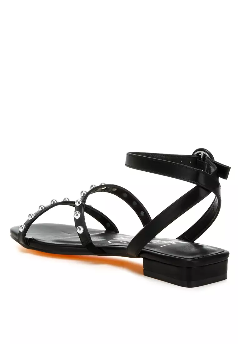 Studded Ankle Strap Flat Sandals in Black
