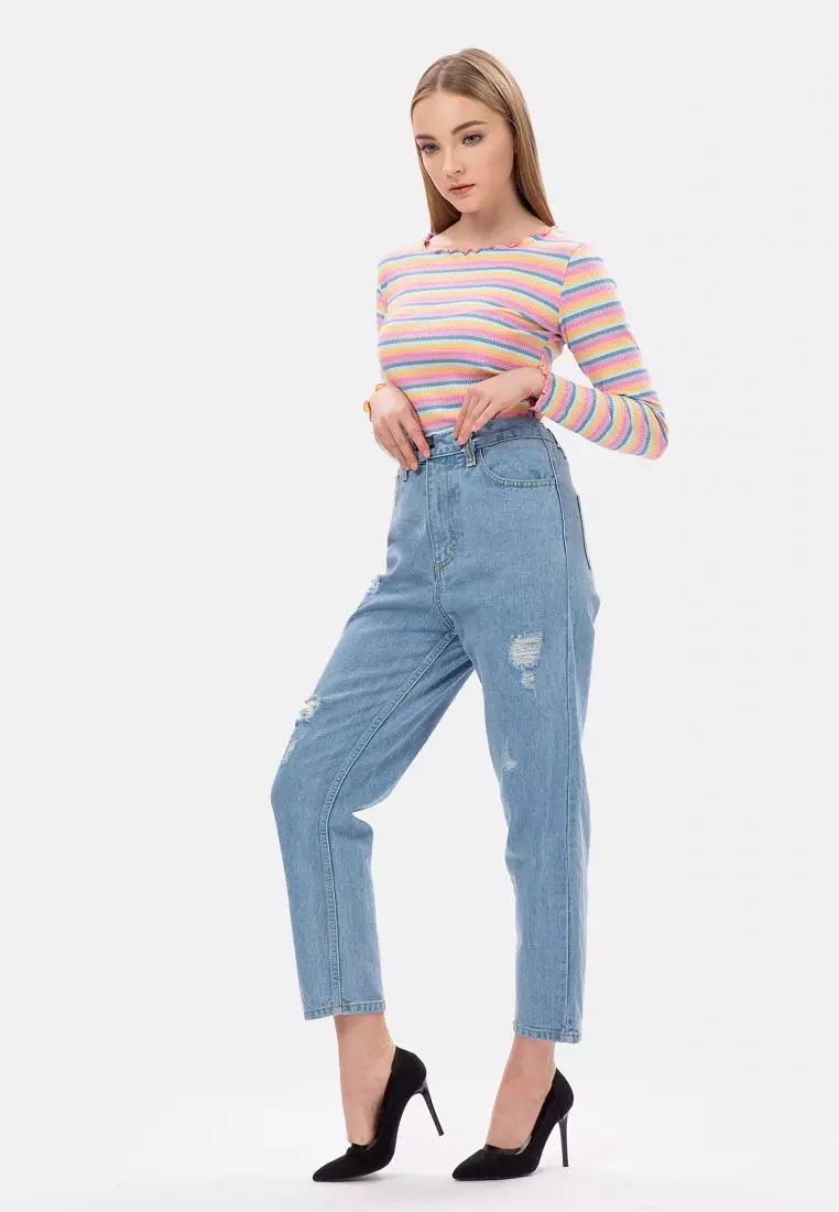 Elastic Waist Ripped Boyfriend Jeans