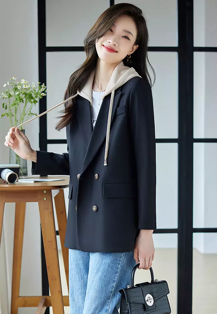 Double Breasted Blazer With Removable Hat