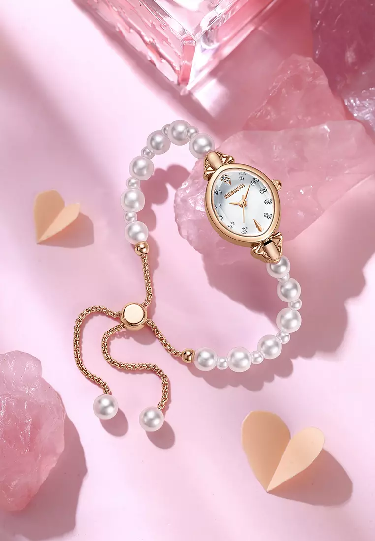 Jam Tangan Wanita Anti Air Original Analog Elegan Anak Perempuan Korean Style Kecil Mutiara Watch Women rosewhite