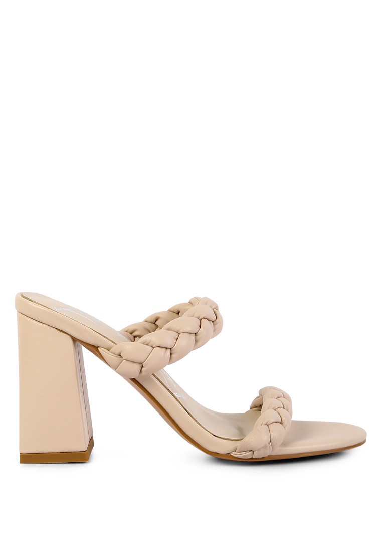 Latte Braided Strap High Block Heels