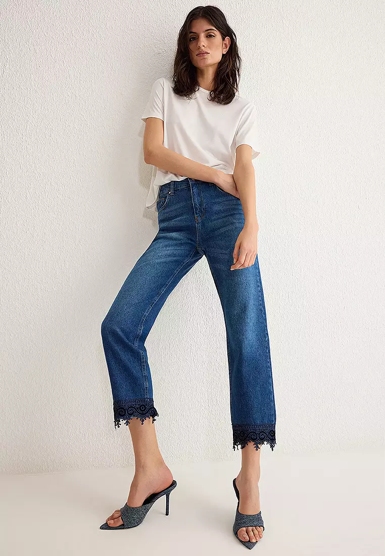 Blue Lace Detailed Normal Waist Straight Jeans