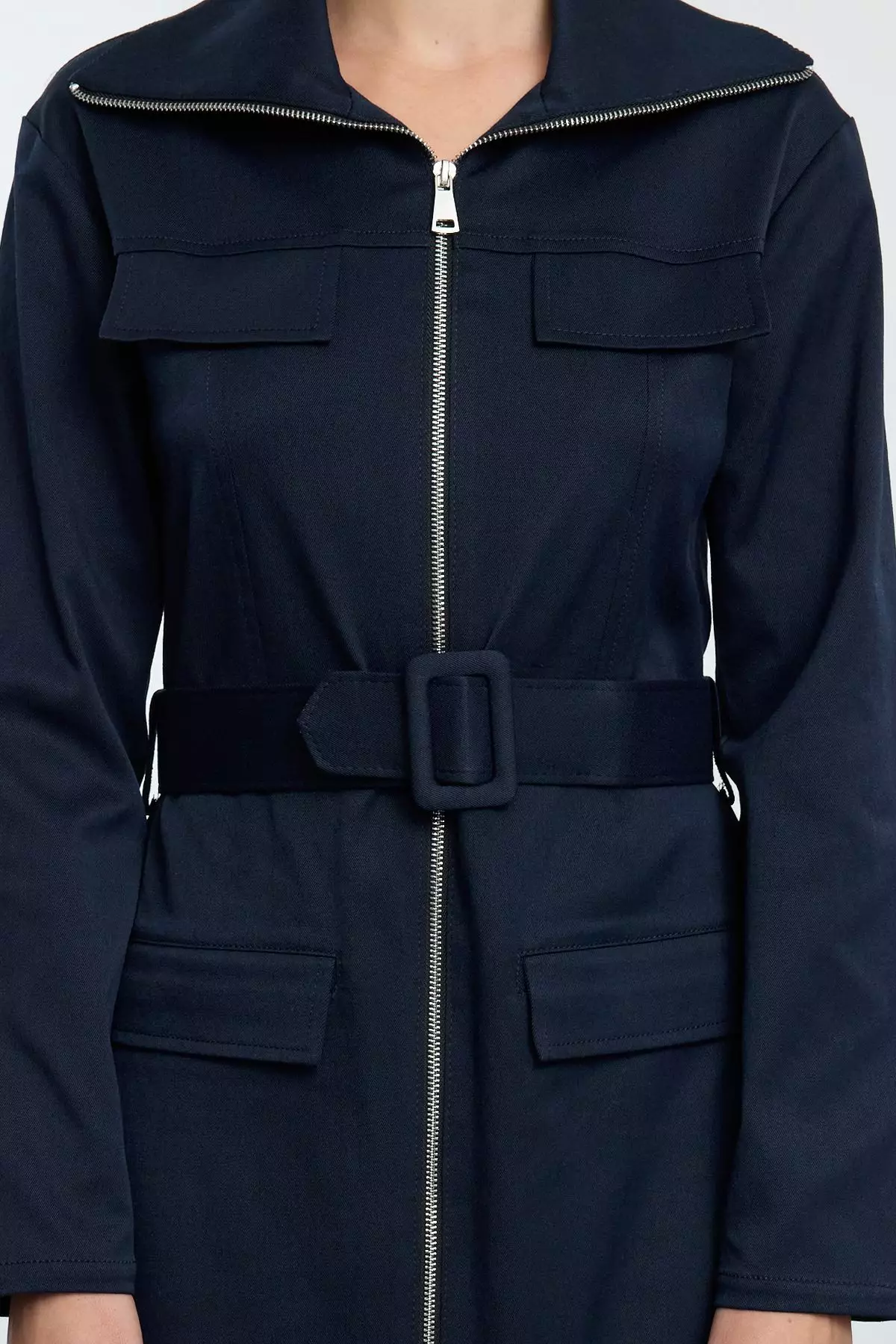 Navy Blue Zippered Pocket Detail Gabardine Fabric Midi Woven Shirt Dress TWOAW25EL00261