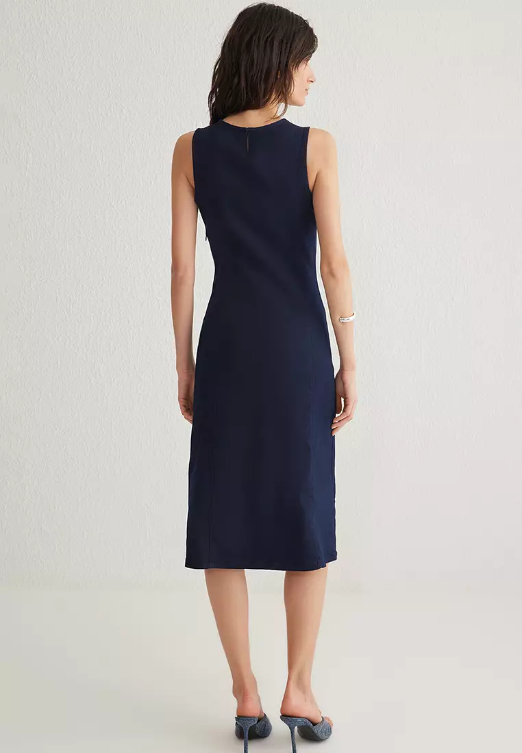 Dark Blue Slit Midi Denim Dress
