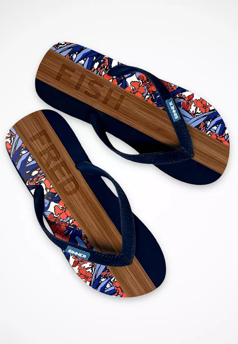 Discount on A Fish Named Fred  shoes - SKU: Flip Flop- Oleander And Printed Wooden Design In Navy