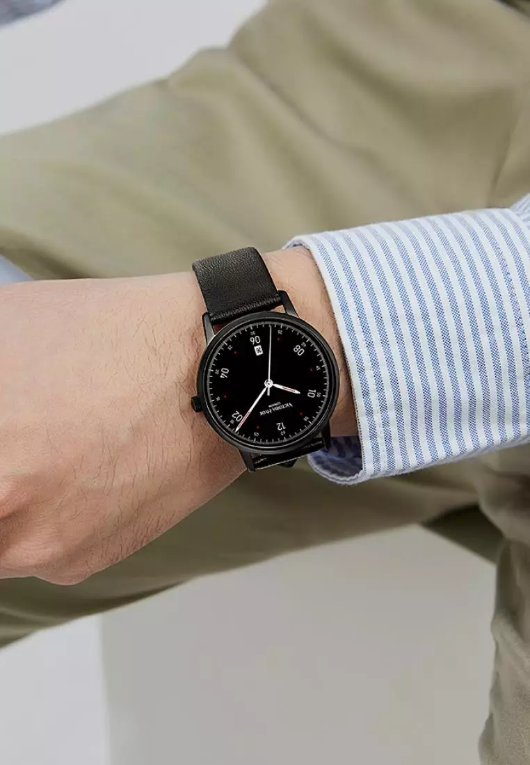 Orton 男士休閑手表 φ39mm圓形表盤 真皮表帶 包豪斯風格 日曆功能防水表-黑色