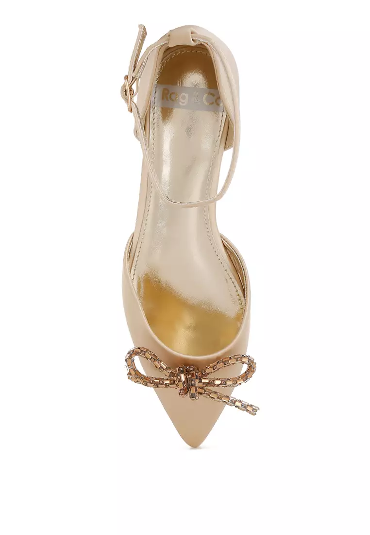 Rhinestone Detail Bow Flat Sandals in Gold