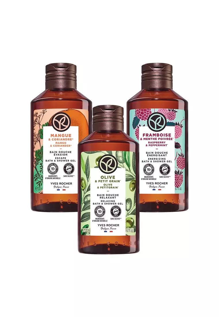 Body Wash Shower Gel Bundle of 3 200ml Mango & Coriander, Raspberry & Peppermint, and Olive & Petitgrain Scent for Moisturizing Skin