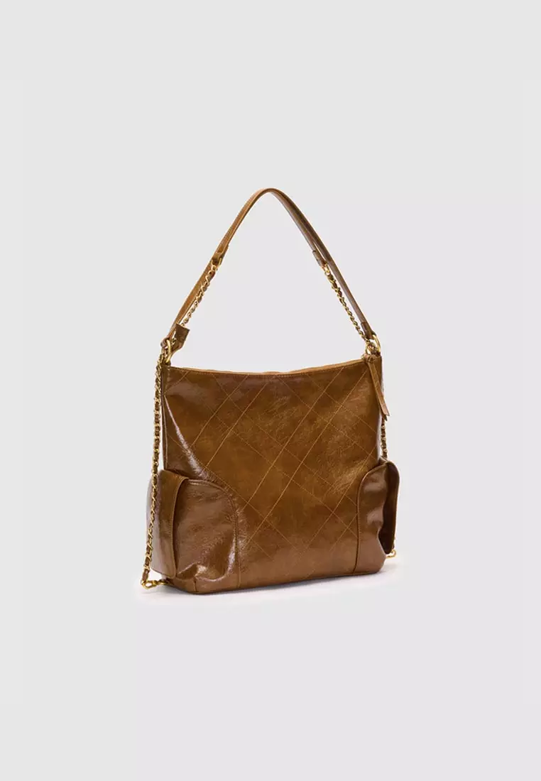 Pale Quilted Hobo Bag With Chain Strap