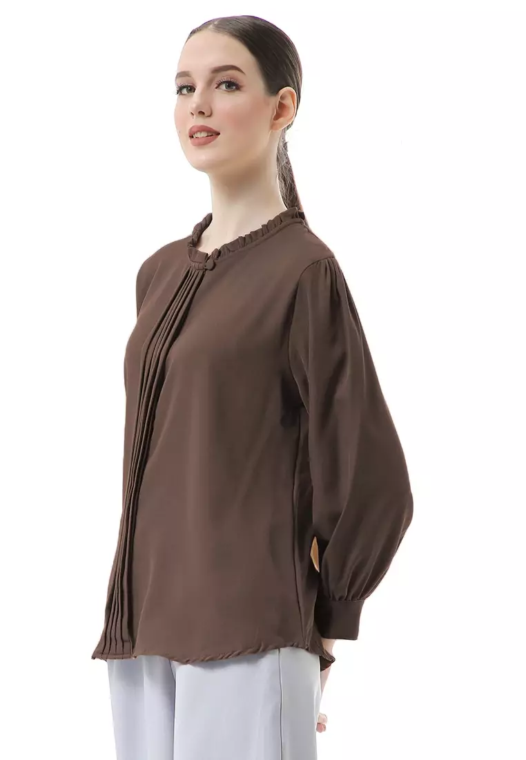 Vionka Kemeja Atasan Wanita Opnaisel Motif Polos - Brown