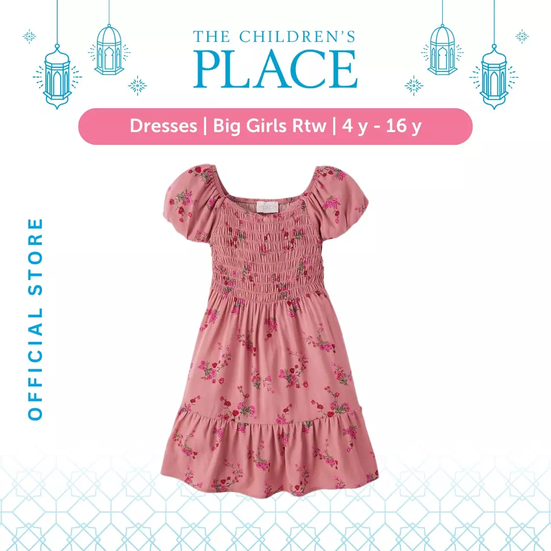 Girls Floral Smocked Ruffle Dress - Baju Anak Perempuan