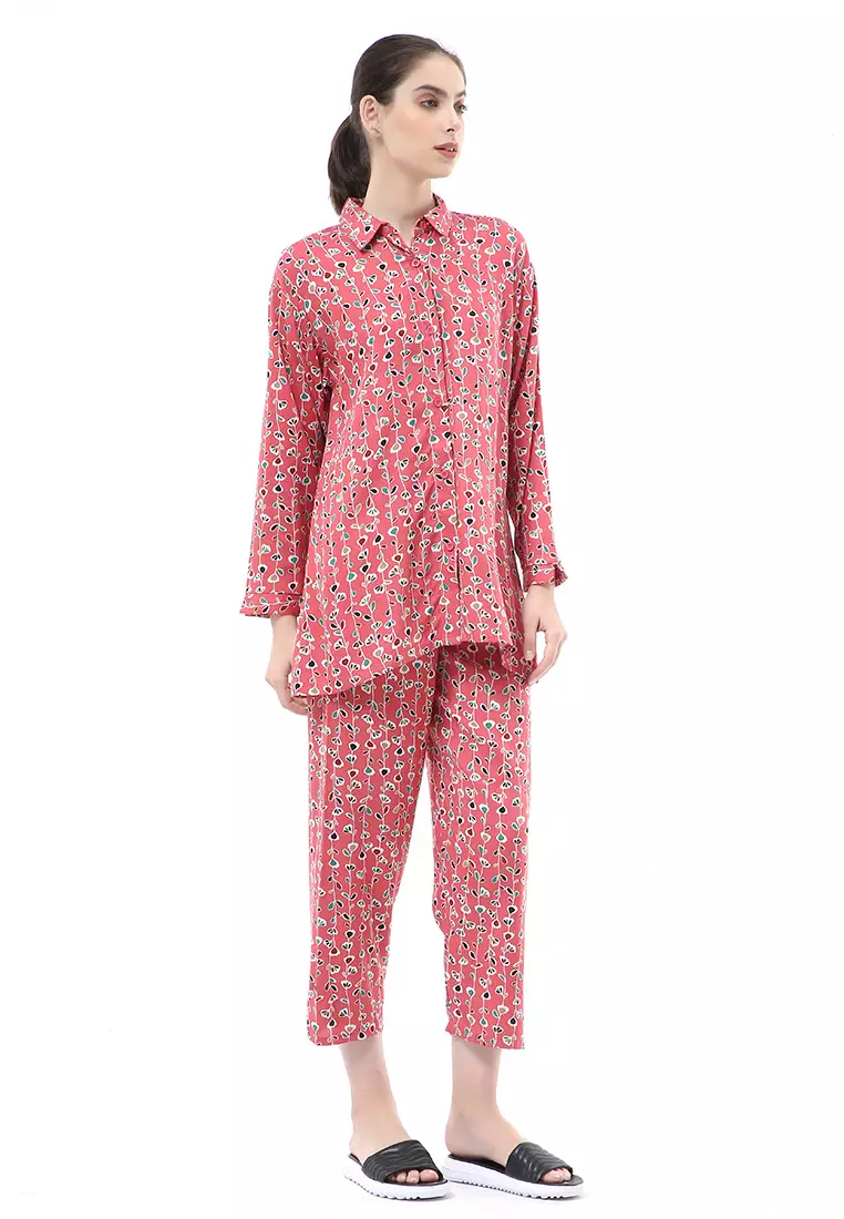 Nayra One Set Setelan Kemeja Wanita Lengan Panjang Motif Tulip Full Kancing Material Rayon ORIGINAL - Pink