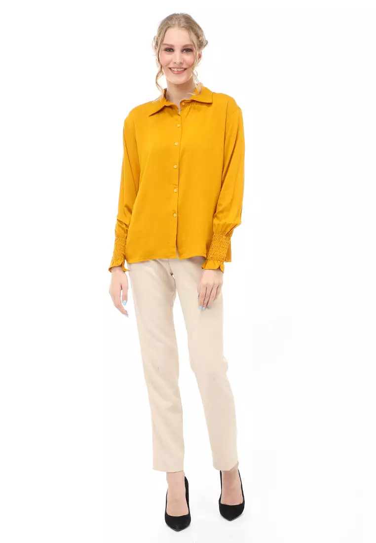 Holly Kemeja Atasan Kasual Wanita Model Lengan Karet Material Twill rayon ORIGINAL - Mustard
