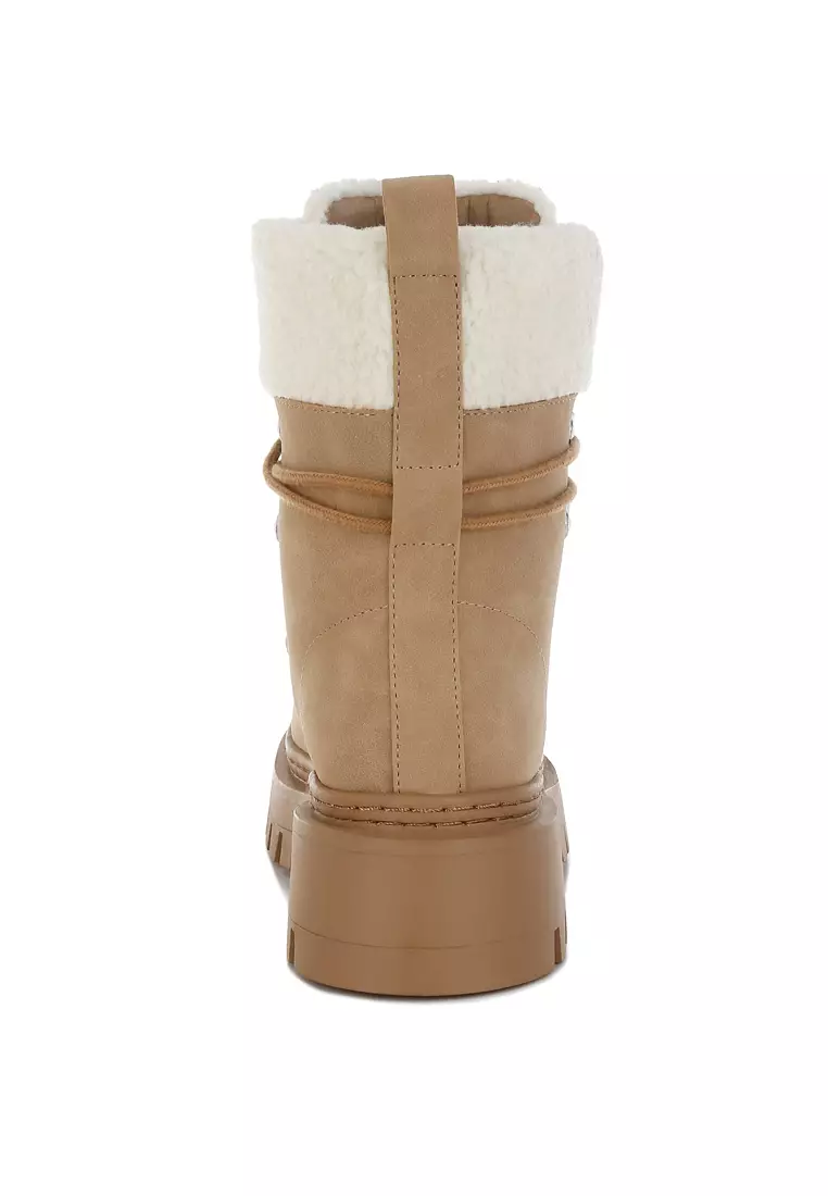 Fleece & Faux Leather Boots in Tan