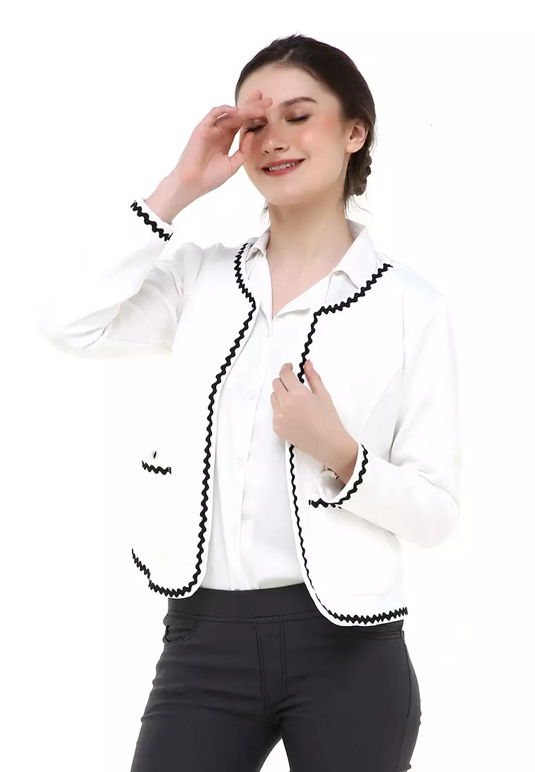 Qemsya Jas Blazer Wanita Lace Motives Formal Longsleeve Suit Material Scuba ORIGINAL - White