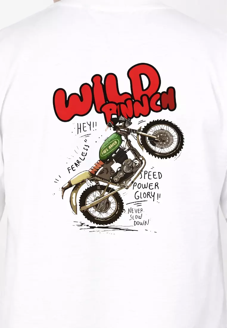 Wild Punch Biker 白色图案纯棉宽松版T恤/短袖T恤，圆领，休闲装，运动装，街头服饰