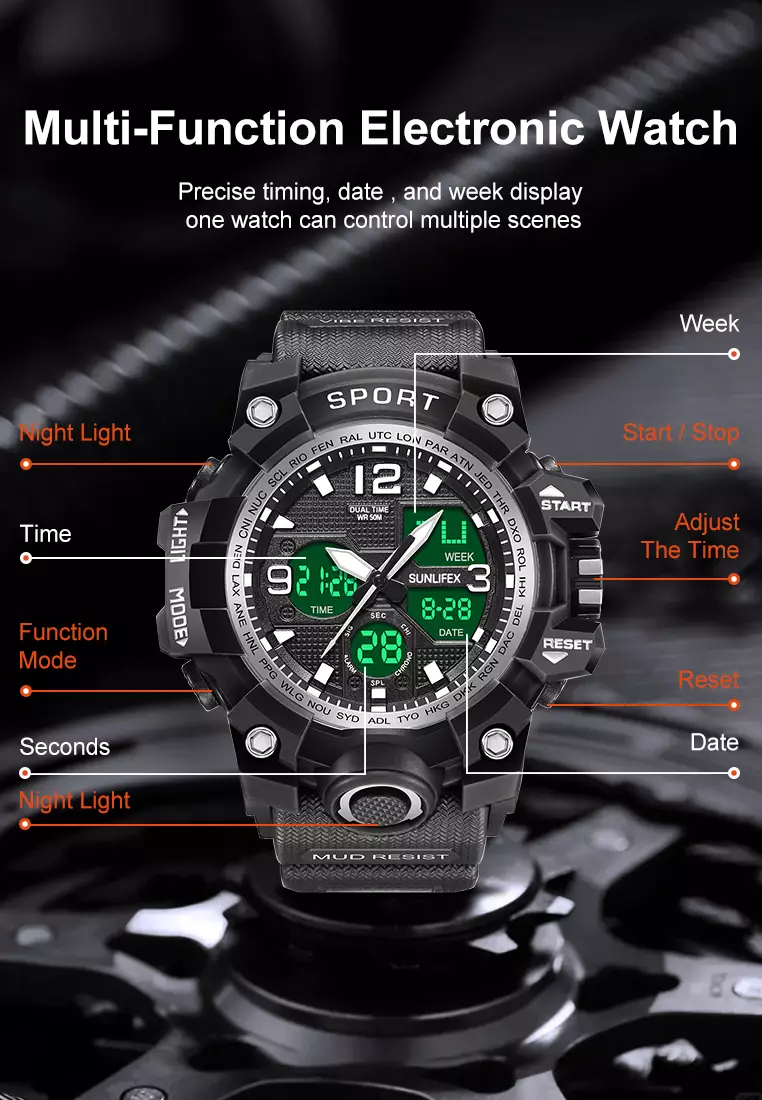 Jam Tangan Pria Digital D008 Multifungsi Alarm Olahraga Bercahaya Analog Jam Tangan Cowok silver