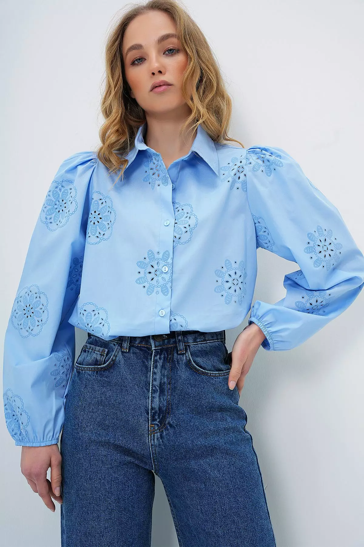 Women's Baby Blue Guipure Woven Premium Shirt Alc-X4366