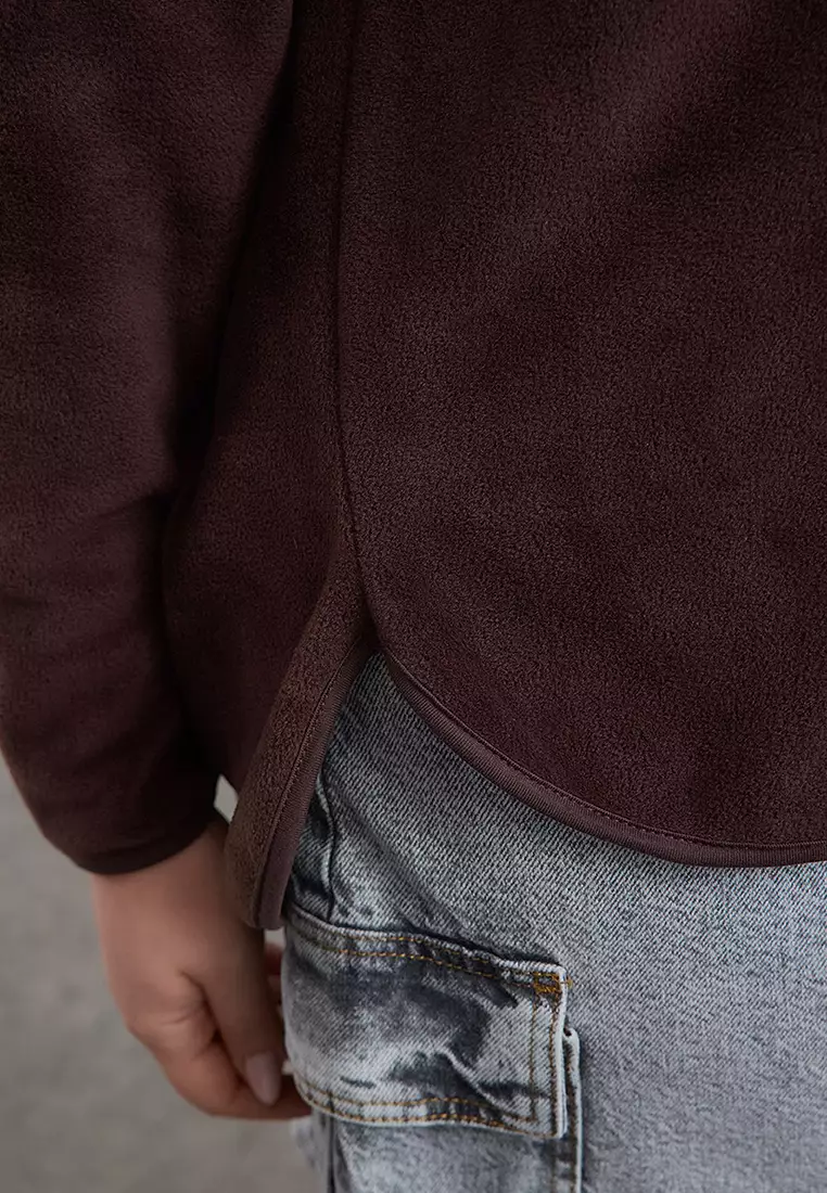 Brown Thick Fleece Hooded And Zippered Oversize Knitted Plus Size Sweatshirt Tbbaw25Ao00030