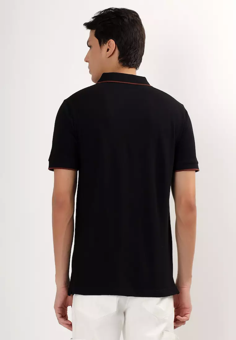 Mens Black with Brown Tipping Collar Cotton Polo Shirt/T-Shirt With Zip, Short Sleeve, Relaxed Fit, Smart Casual, Loungewear