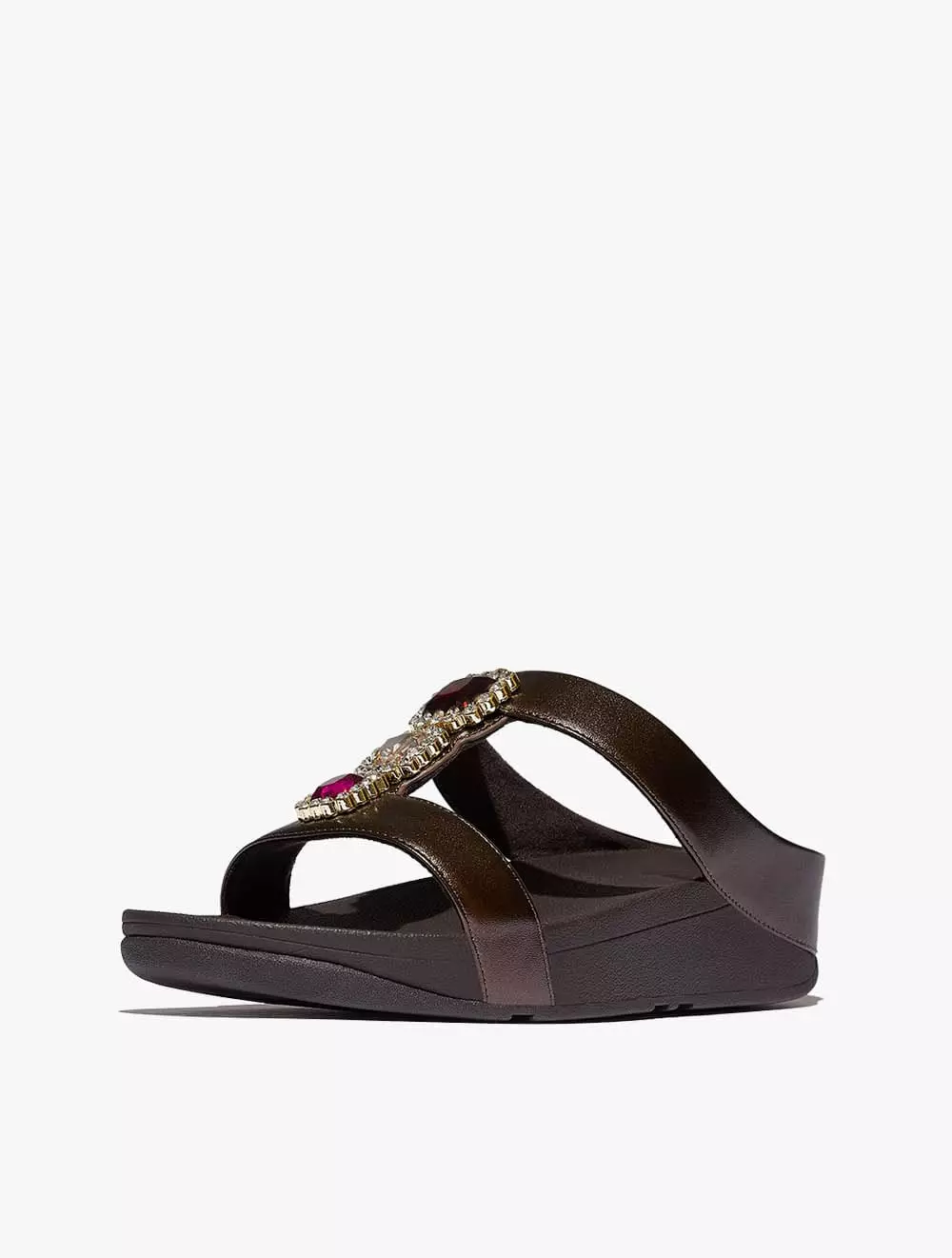 Fitflop Fino Crystal-Jewel H-Bar Slides - Metallic Chocolate Brown