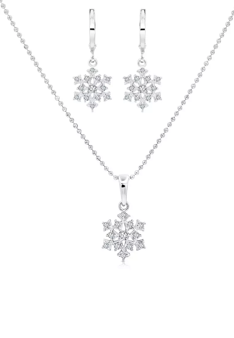 SO SEOUL Let it Snow Snowflake Diamond Simulant Zirconia Hoop Earrings with Pendant Chain Necklace Jewelry Gift Set