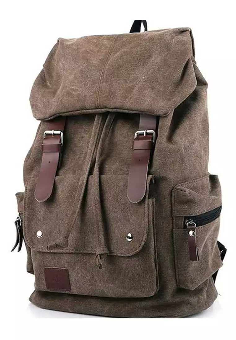 Doomb Backpak Tas Ransel Pria Wanita Desain Retro Vintage Large Compartment Material Canvas ORIGINAL - Brown