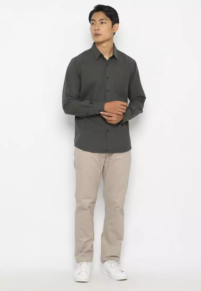 POLICE Kemeja Polos Cotton Slub Regular Fit Dark Olive Lengan Panjang Pria