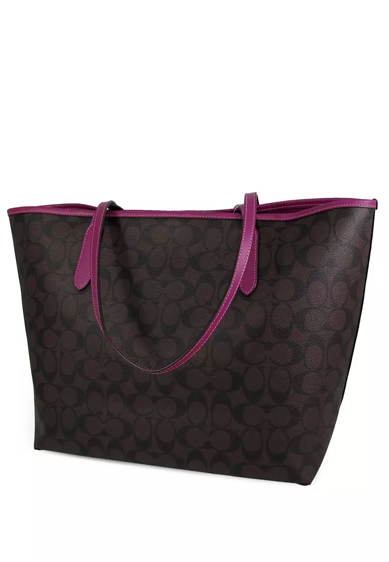 Coach 5696 City Tote In Signature Canvas IN Brown Dark Magenta