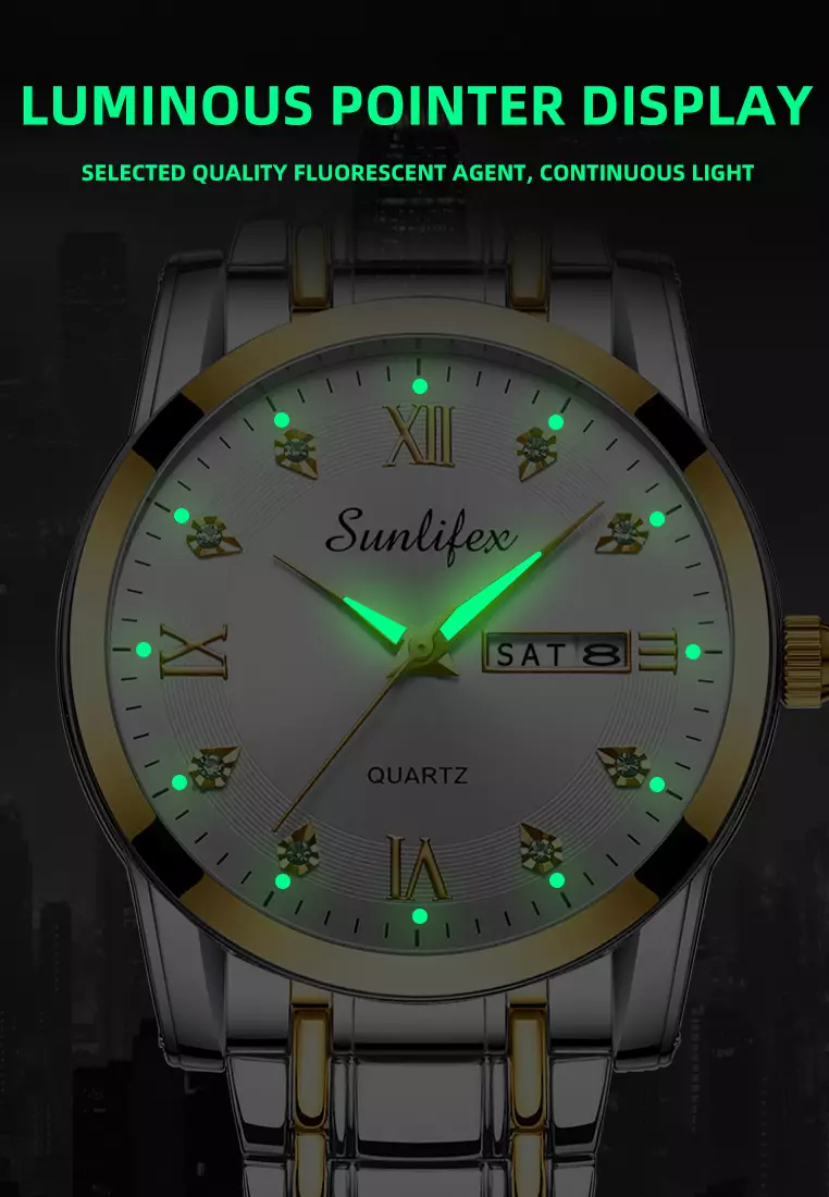Jam Tangan Pria 9010 Kalender Kuarsa Tali Stainless Steel Bisnis Santai Jam Tangan Cowok gold white