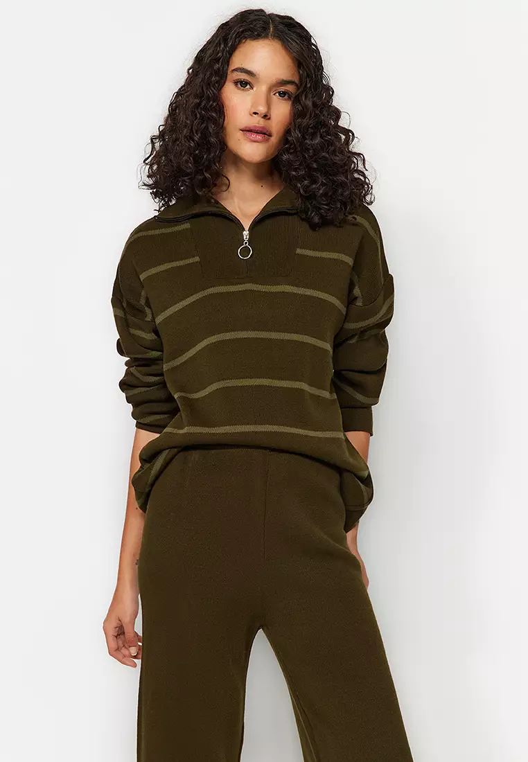 Khaki Wide Fit Zippered Knitwear Bottom-Top Set Twoaw24Au00025