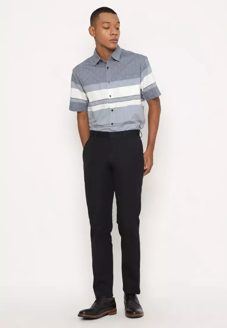 POLICE Celana Formal Kantor Stretch Panjang Slim Fit Hitam Pria