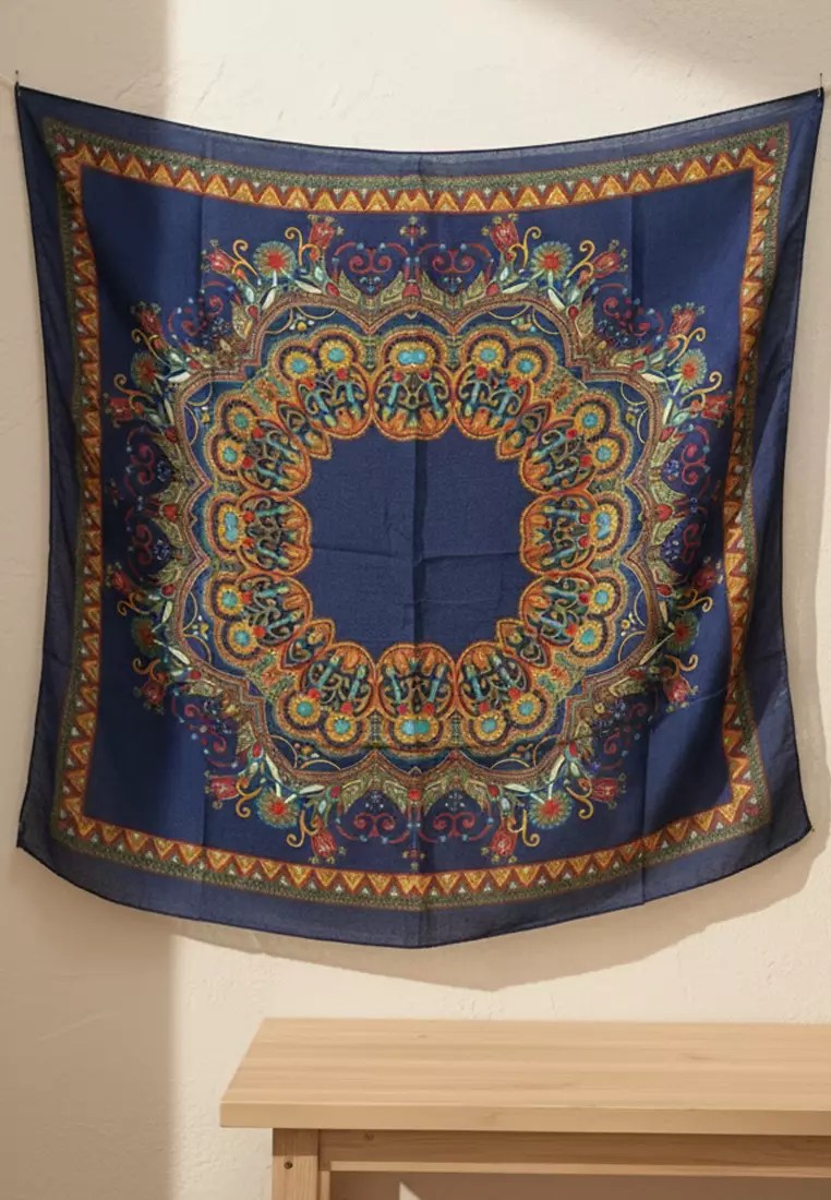 Hijab Segi Empat Paris Paisley Pattern Motif Square Scarf Blue
